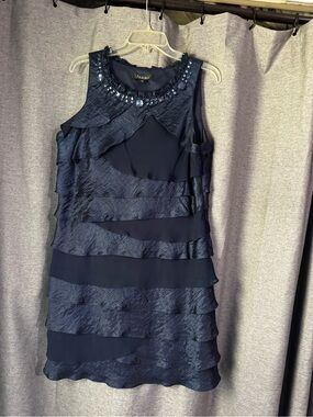 S.L. Fashions Navy Beaded Tiered Mini Dress